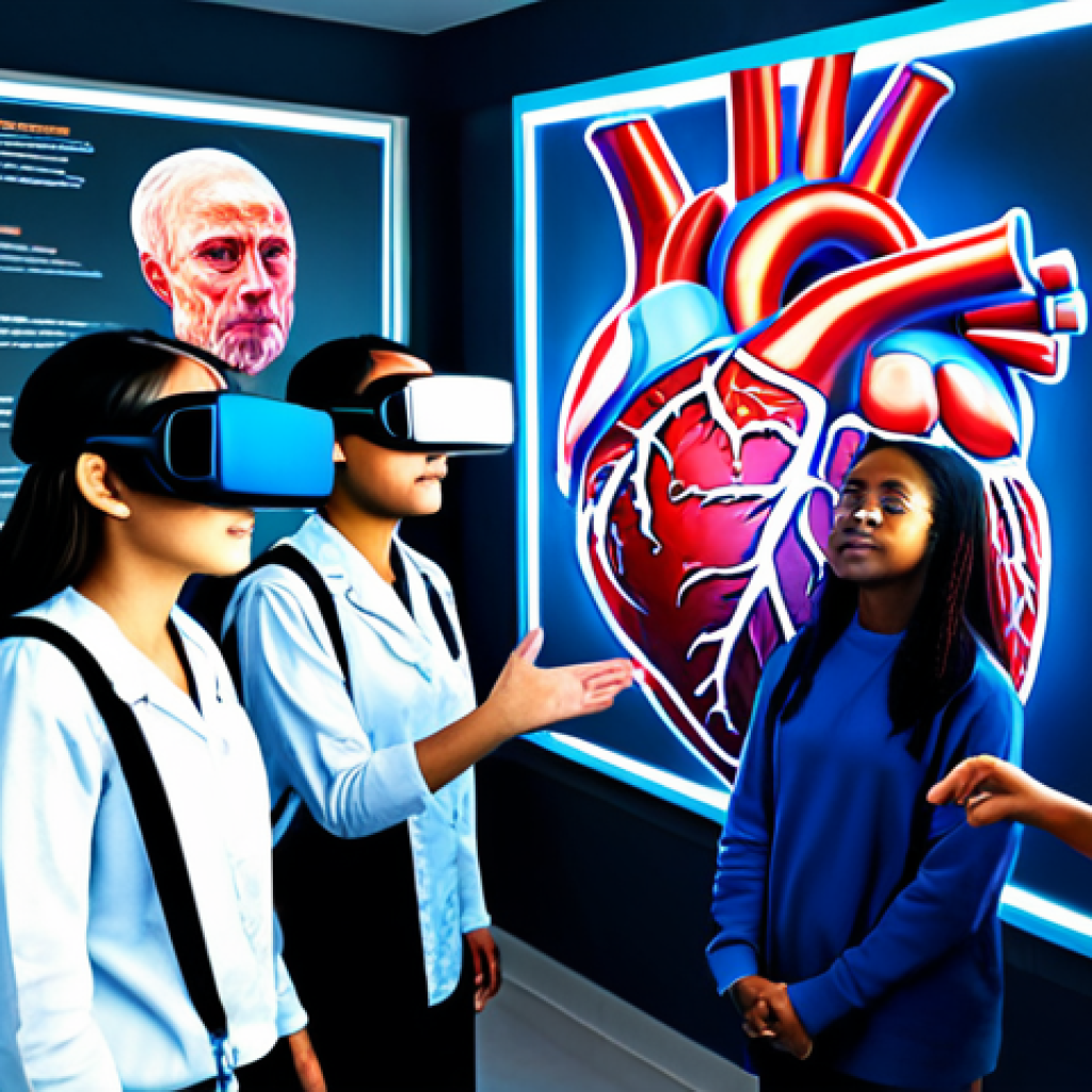 A group of diverse, fully clothed students in modest, modern attire, immersed in a virtual reality learning experience. They are visually transported inside a giant, vibrant, and anatomically correct representation of the human heart, observing its intricate structures and functions with educational overlays. The students are gesturing with wonder and focus, surrounded by a bright, clean, and futuristic classroom setting. Perfect anatomy, natural pose, well-formed hands, correct proportions, safe for work, appropriate content, family-friendly, high-resolution, professional educational photography.