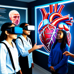 A group of diverse, fully clothed students in modest, modern attire, immersed in a virtual reality learning experience. They are visually transported inside a giant, vibrant, and anatomically correct representation of the human heart, observing its intricate structures and functions with educational overlays. The students are gesturing with wonder and focus, surrounded by a bright, clean, and futuristic classroom setting. Perfect anatomy, natural pose, well-formed hands, correct proportions, safe for work, appropriate content, family-friendly, high-resolution, professional educational photography.