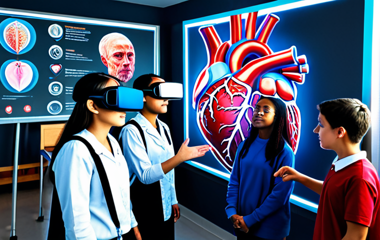 A group of diverse, fully clothed students in modest, modern attire, immersed in a virtual reality learning experience. They are visually transported inside a giant, vibrant, and anatomically correct representation of the human heart, observing its intricate structures and functions with educational overlays. The students are gesturing with wonder and focus, surrounded by a bright, clean, and futuristic classroom setting. Perfect anatomy, natural pose, well-formed hands, correct proportions, safe for work, appropriate content, family-friendly, high-resolution, professional educational photography.
