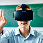 A focused young adult student, fully clothed in modest, professional attire, wearing a sleek, modern VR headset in a bright, contemporary classroom. Subtle, abstract digital data streams glow around their head, visually representing information flow and analysis. The background shows a blurred, clean educational environment. Perfect anatomy, correct proportions, natural pose, well-formed hands, proper finger count, natural body proportions, safe for work, appropriate content, fully clothed, professional, high-quality digital rendering, conceptual art style, detailed.
