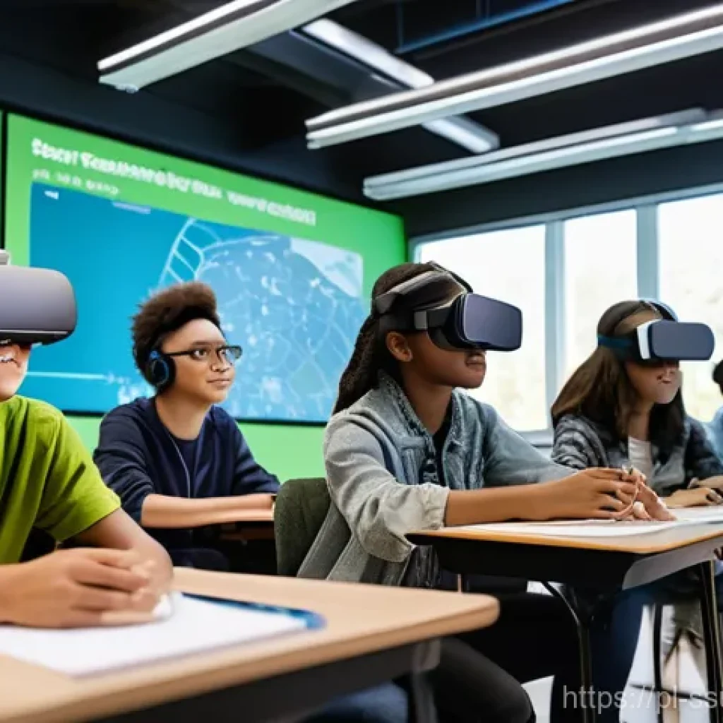 몰입형 학습 환경에서의 지속 가능한 발전 - **Prompt:** A modern, sustainable virtual reality learning environment. Diverse group of high school...