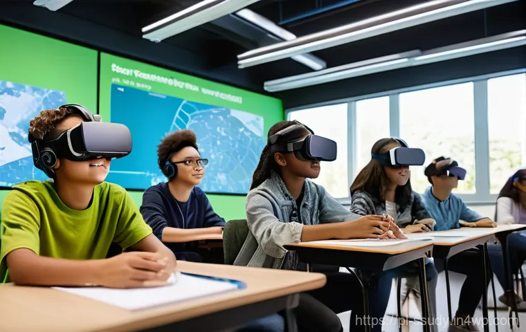 몰입형 학습 환경에서의 지속 가능한 발전 - **Prompt:** A modern, sustainable virtual reality learning environment. Diverse group of high school...