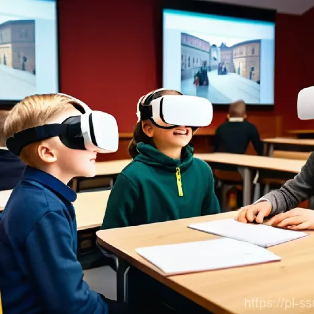 몰입형 학습을 위한 교육 방법론 - **Prompt:** A group of diverse Polish primary school students, aged 8-10, wearing modern VR headsets...