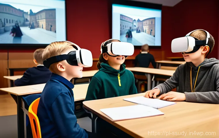 몰입형 학습을 위한 교육 방법론 - **Prompt:** A group of diverse Polish primary school students, aged 8-10, wearing modern VR headsets...