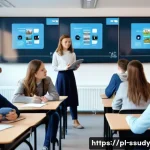 몰입형 학습과 평가 방식의 변화 - A modern Polish classroom scene featuring diverse students actively engaged with interactive educati...
