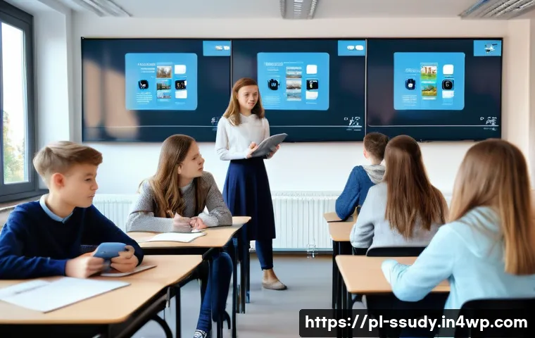 몰입형 학습과 평가 방식의 변화 - A modern Polish classroom scene featuring diverse students actively engaged with interactive educati...