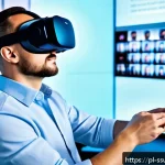 몰입형 학습 환경의 평가 기준 - A highly detailed virtual reality learning environment showcasing a user wearing lightweight VR gogg...