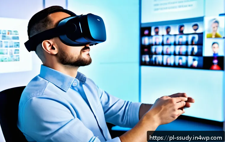몰입형 학습 환경의 평가 기준 - A highly detailed virtual reality learning environment showcasing a user wearing lightweight VR gogg...