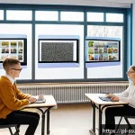몰입형 학습 환경의 지속 가능성 - A modern immersive classroom in a Polish school featuring students wearing comfortable VR headsets a...