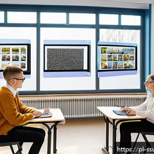 몰입형 학습 환경의 지속 가능성 - A modern immersive classroom in a Polish school featuring students wearing comfortable VR headsets a...
