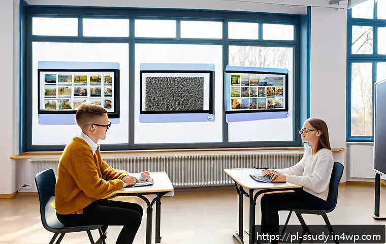 몰입형 학습 환경의 지속 가능성 - A modern immersive classroom in a Polish school featuring students wearing comfortable VR headsets a...