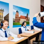 몰입형 학습에서의 교사의 역할 - A modern classroom scene in Poland featuring students wearing casual school uniforms and light cloth...