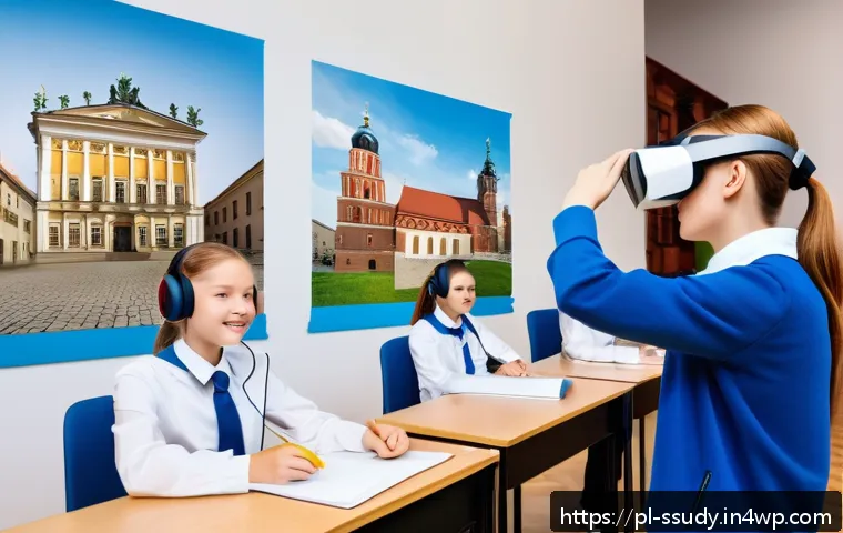 몰입형 학습에서의 교사의 역할 - A modern classroom scene in Poland featuring students wearing casual school uniforms and light cloth...