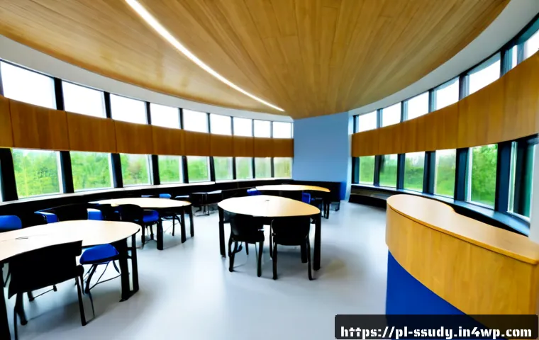Home 17 몰입형 학습 환경 조성을 위한 공간 디자인 - Photorealistic modern Polish secondary school learning studio, flexible classroom with curved acoust...