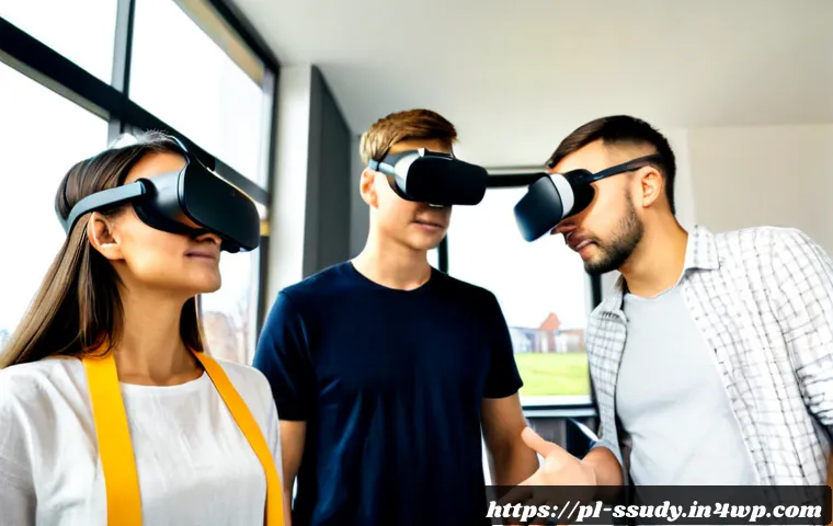 Home 17 협력적 문제 해결을 위한 몰입형 학습 기법 - Photorealistic immersive learning workshop at a modern Polish university, four adult students wearin...